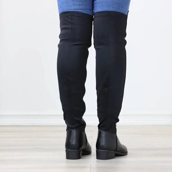 Low Heel Thigh High Boots Over The Knee Faux Leather & Stretchy Material Mix - Picture 15 of 15